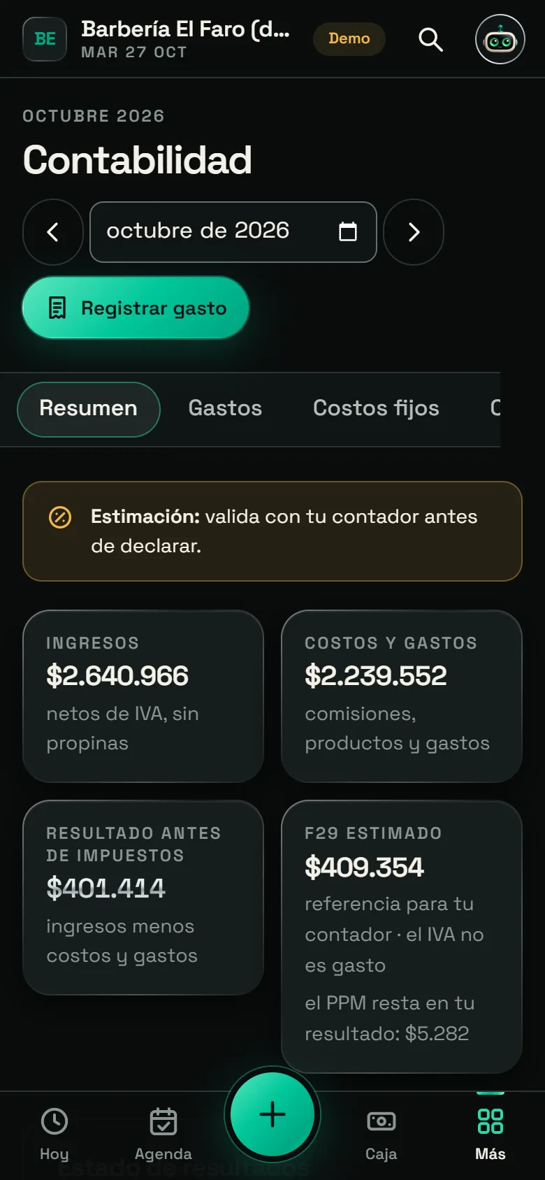 Pantalla «Contabilidad» de Barber Tools: ingresos, costos y gastos, resultado antes de impuestos y F29 estimado del mes, con datos de demostración.